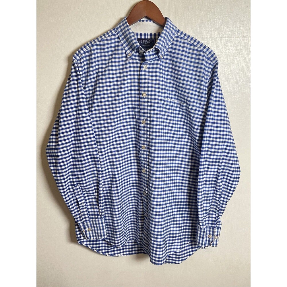 Charles Tyrwhitt Blue Gingham Check Oxford Dress Shirt Mens L Classic Fit
